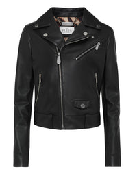 PHILIPP PLEIN Leather Boxy Biker Jacket with Crystals black