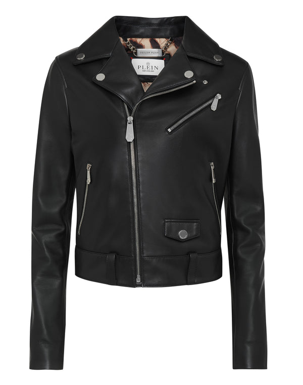PHILIPP PLEIN Leather Boxy Biker Jacket with Crystals black