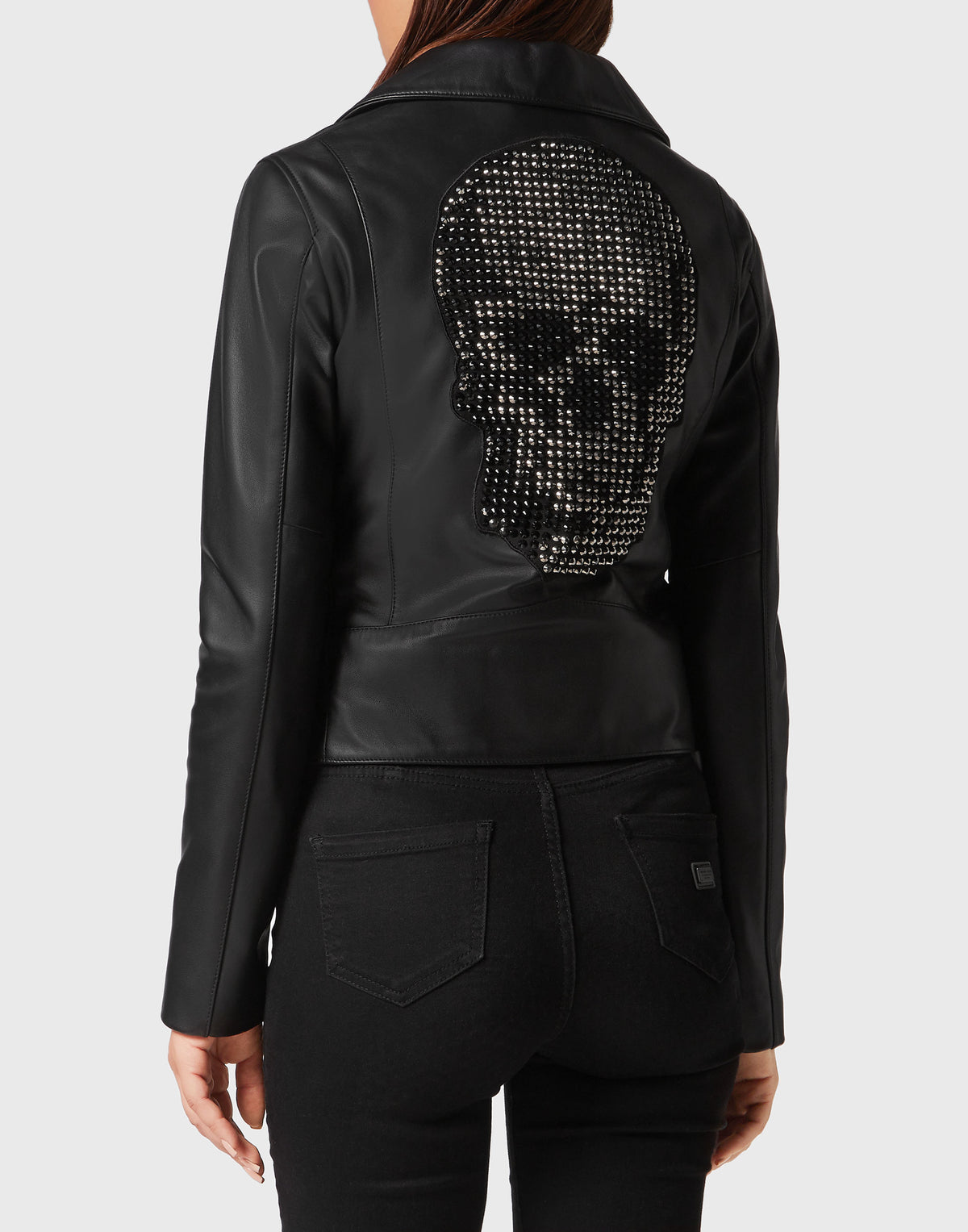 Philipp Plein｜Leather Boxy Biker Jacket with Crystals black 女款騎士外套