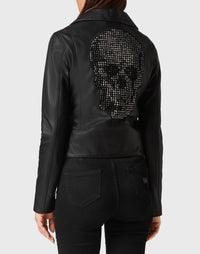 Philipp Plein｜Leather Boxy Biker Jacket with Crystals black 女款騎士外套