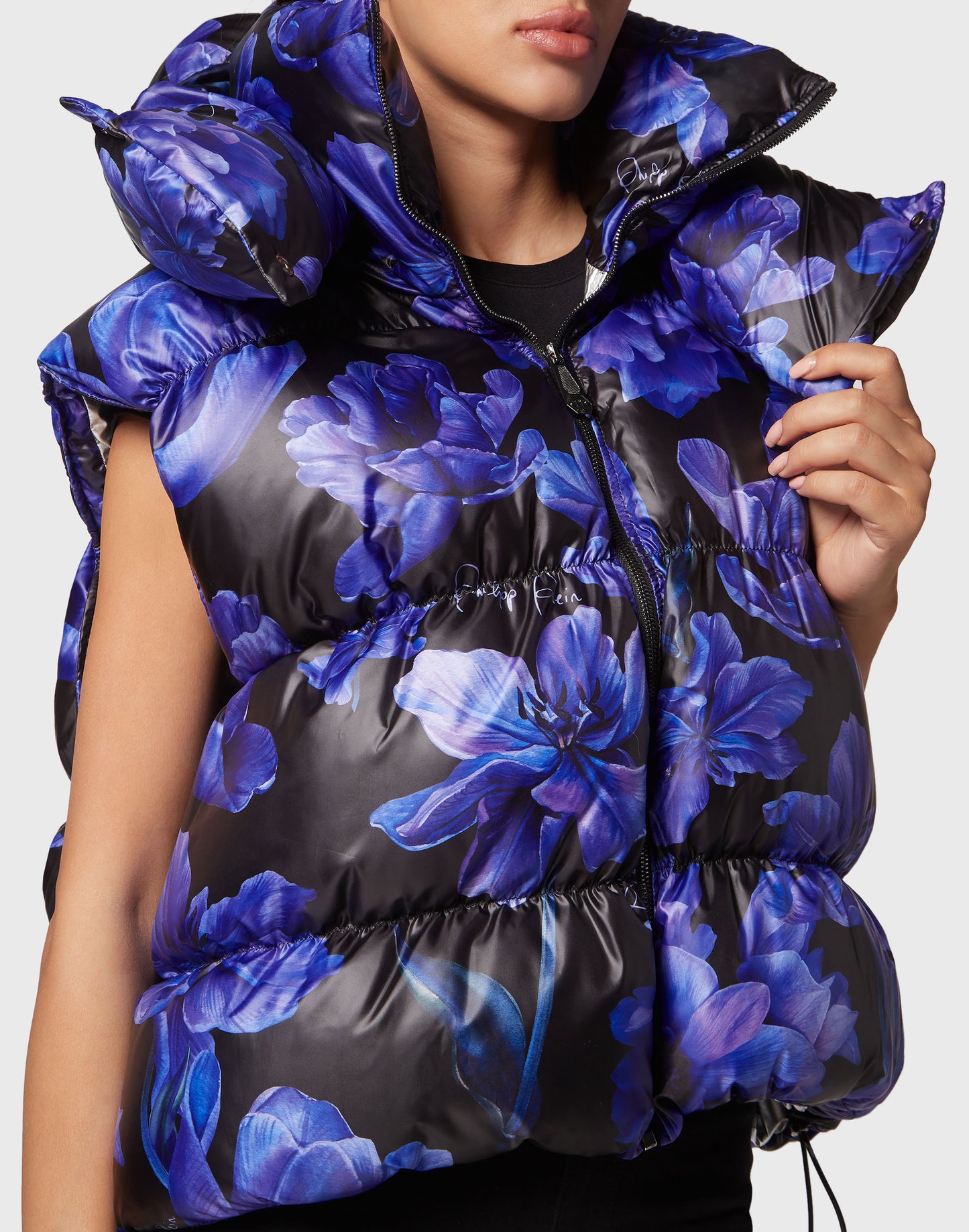 Nylon Down Jacket Vest Flowers black