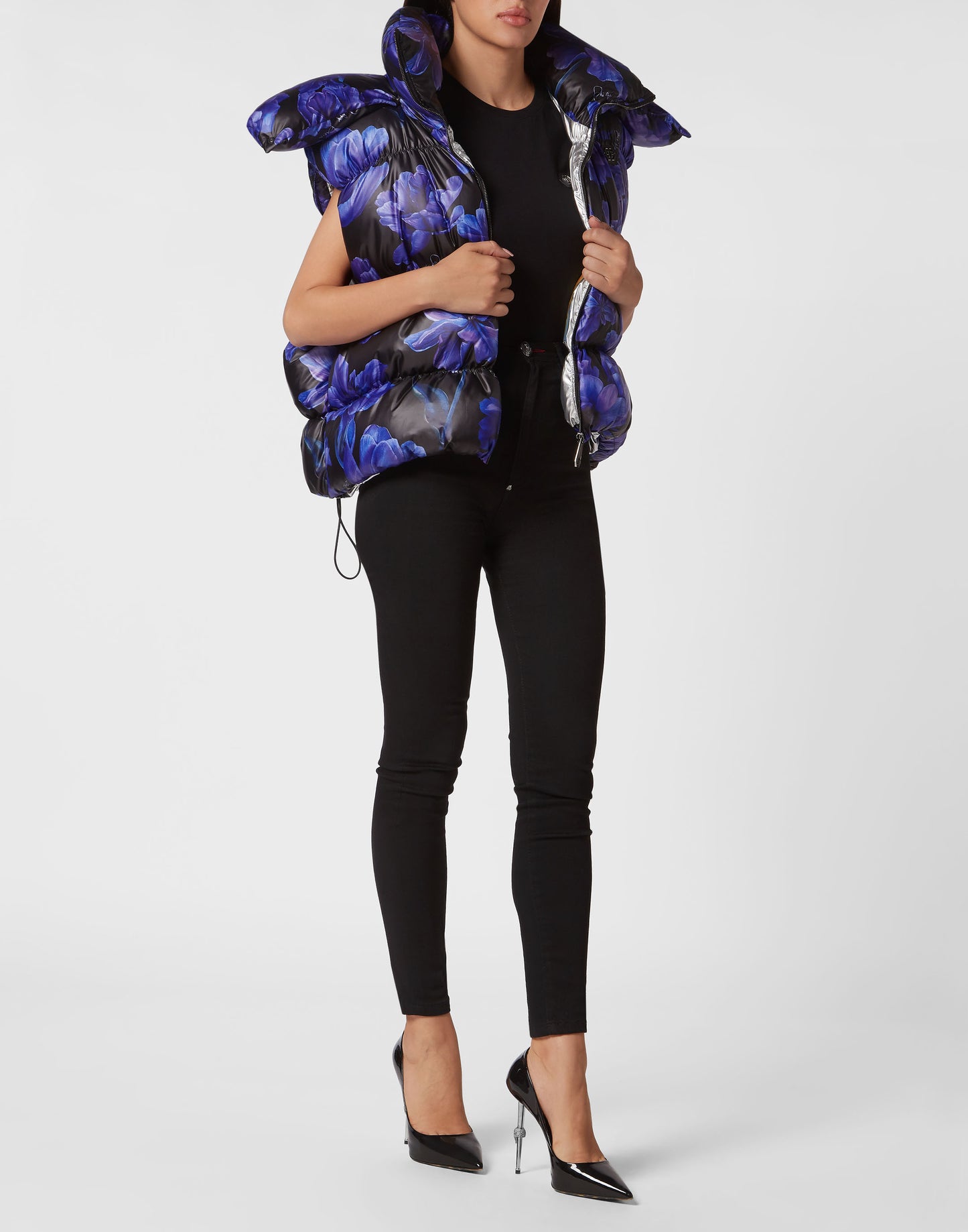 Nylon Down Jacket Vest Flowers black