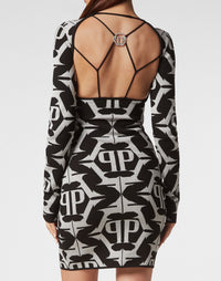 Viscose &amp; Lurex Mini Dress Hexagon black