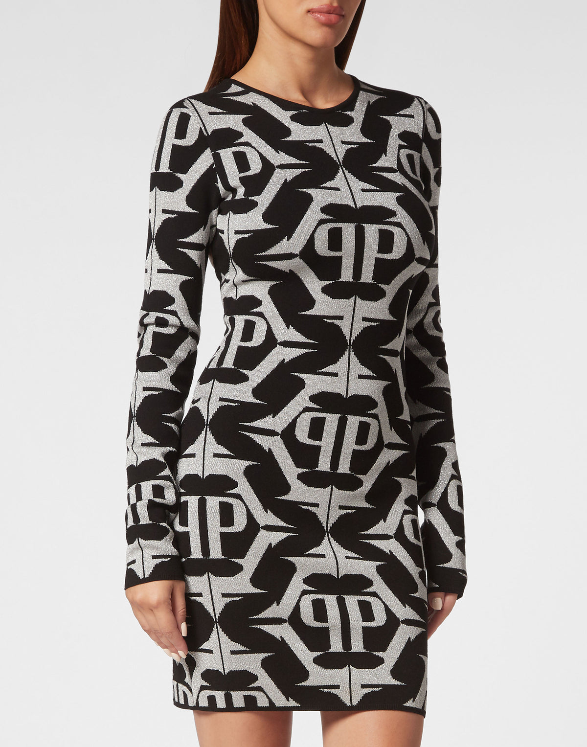 Viscose &amp; Lurex Mini Dress Hexagon black