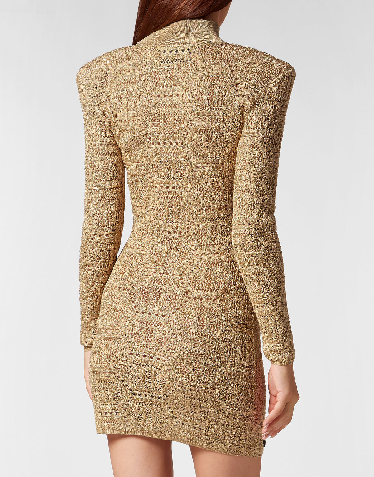 Philipp Plein｜Lurex Padded Shoulder Mini Dress Hexagon gold 女款連身裙