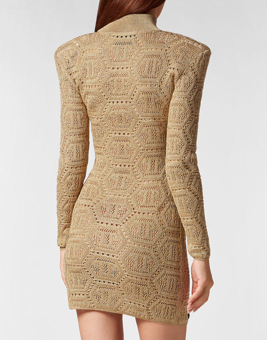 Lurex Padded Shoulder Mini Dress Hexagon gold
