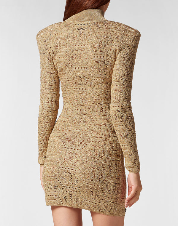 Philipp Plein｜Lurex Padded Shoulder Mini Dress Hexagon gold 女款連身裙