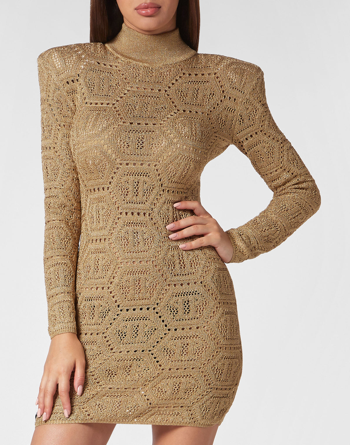 Philipp Plein｜Lurex Padded Shoulder Mini Dress Hexagon gold 女款連身裙