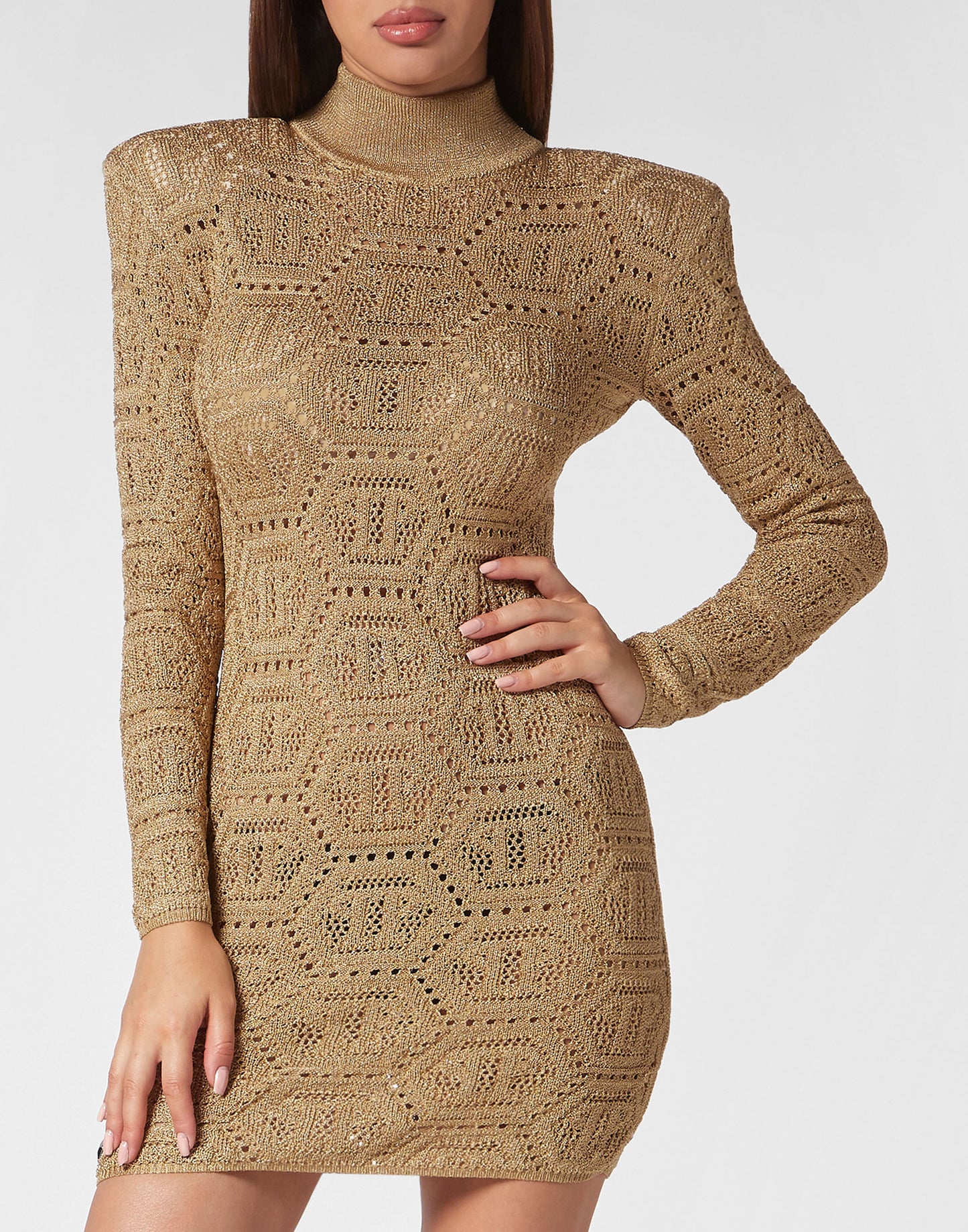 Lurex Padded Shoulder Mini Dress Hexagon gold