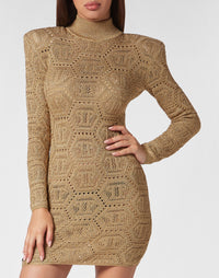 Philipp Plein｜Lurex Padded Shoulder Mini Dress Hexagon gold 女款連身裙