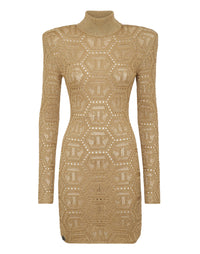 PHILIPP PLEIN Lurex Padded Shoulder Mini Dress Hexagon gold