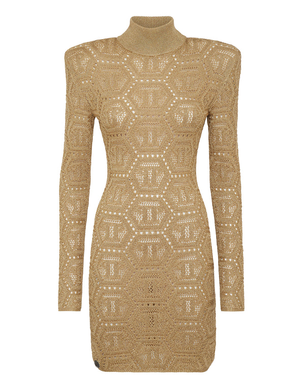 PHILIPP PLEIN Lurex Padded Shoulder Mini Dress Hexagon gold