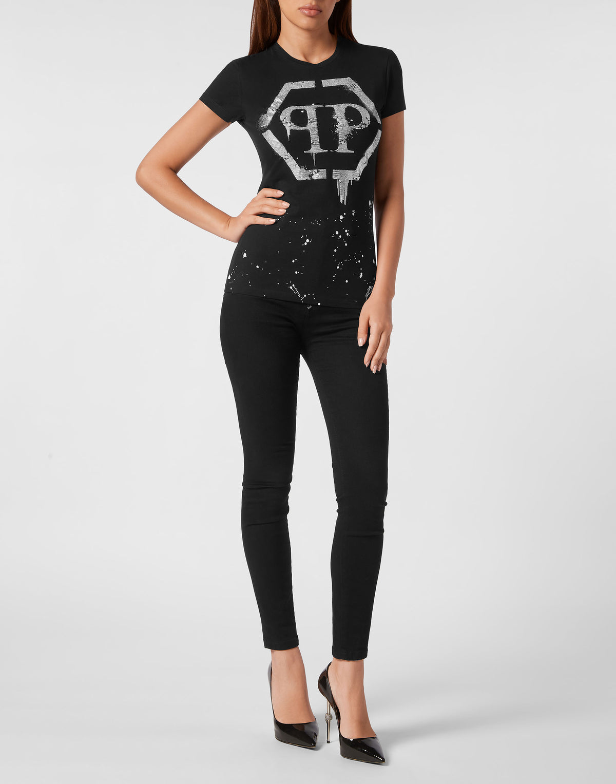 Philipp Plein｜T-shirt Round Neck Sexy Pure Fit Hexagon black 女款T恤