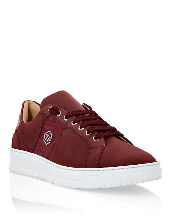 PHILIPP PLEIN Nabuk Lo-Top Sneakers with Croco Print Hexagon red