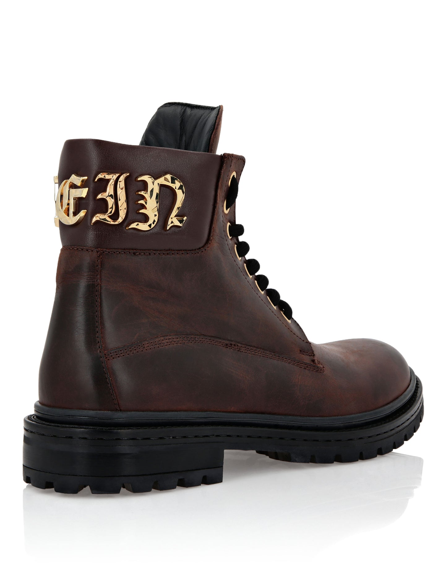 Leather Boots Mid Flat Gothic Plein dark brown