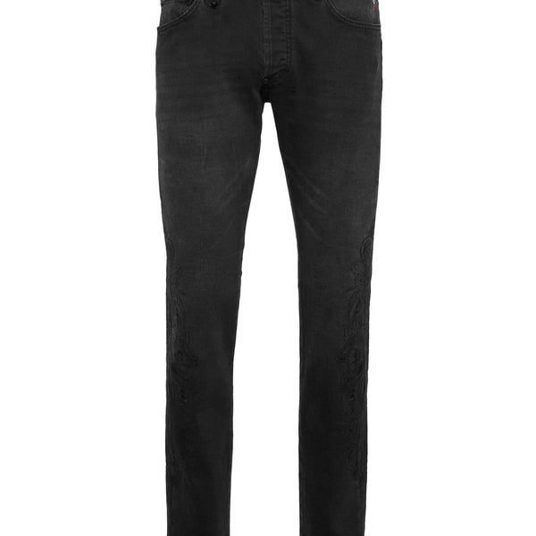 Philipp Plein｜Embroidered Super Straight Cut Cross Gothic 黑色刺繡直筒牛仔褲 男款