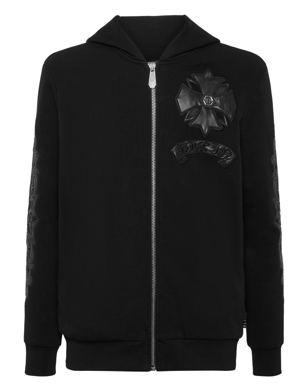 Philipp Plein Zip Hoodie Leather Inserts Chrome Crest 黑色皮革哥德十字架蝴蝶結拉鍊連帽衛衣 男款正面