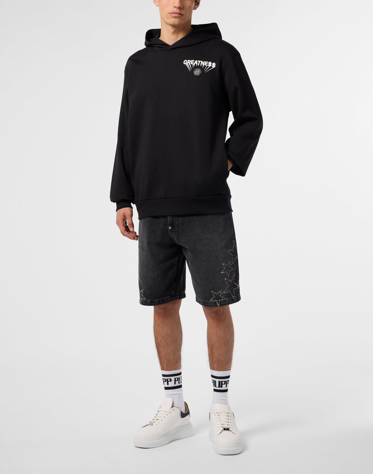 Philipp Plein Fleece Hoodie 連帽抽繩與袋鼠口袋細節展示
