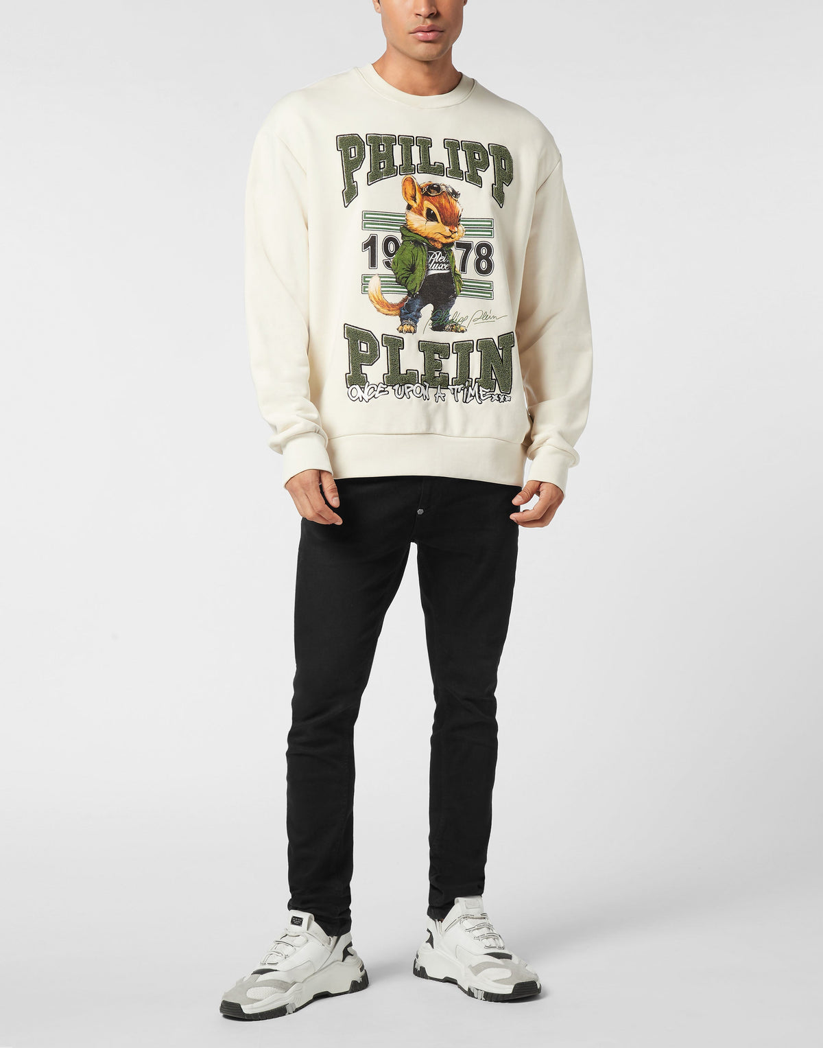 Philipp Plein Sweatshirt College Squirrel 男款米白衛衣穿搭示範 189cm L號