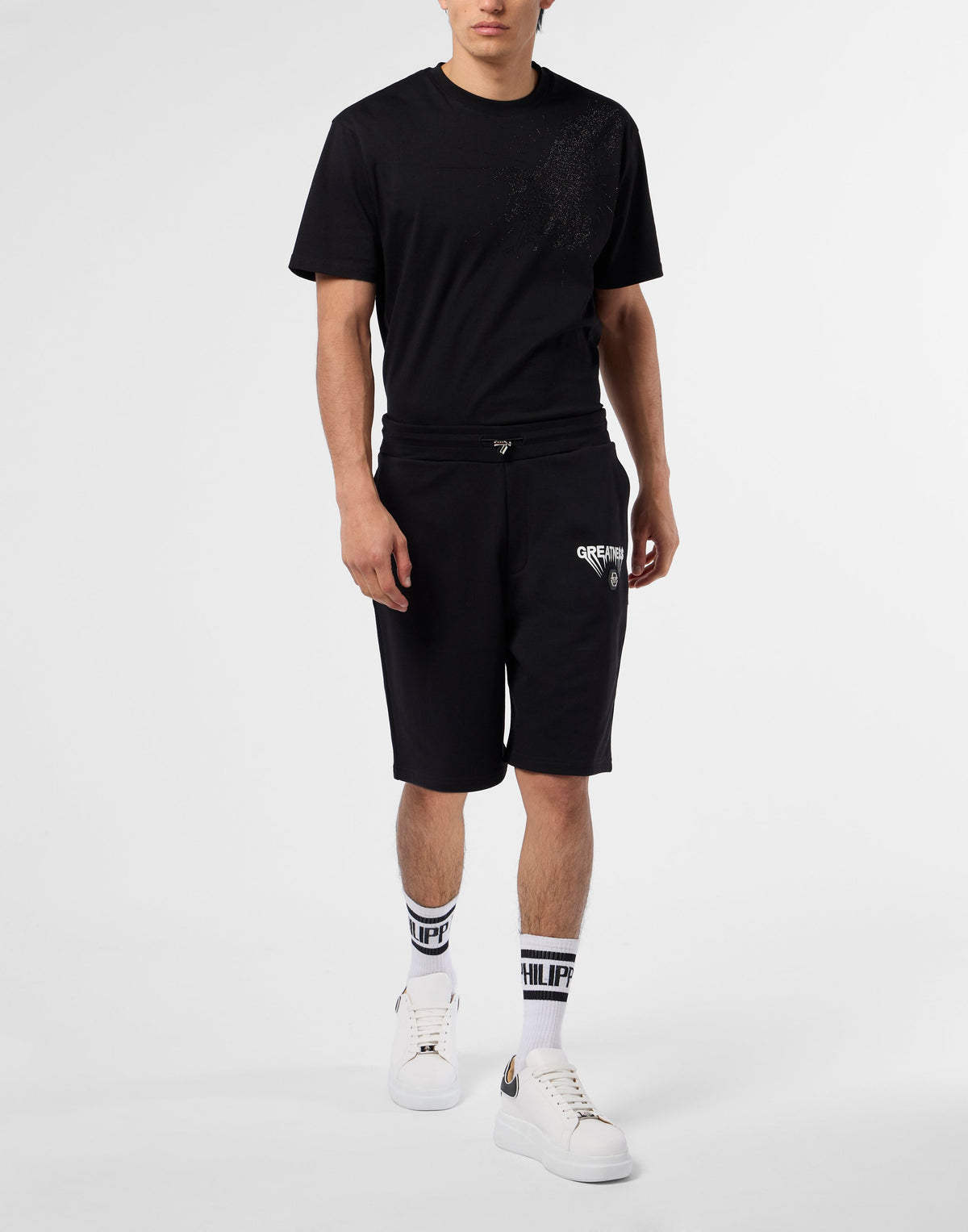 Philipp Plein Fleece Shorts Greatness 男款黑色運動短褲穿搭示範 189cm L號