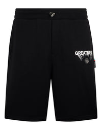 Philipp Plein Fleece Shorts Greatness 全黑左腿GREATNE$$印花六角徽章運動短褲 男款正面