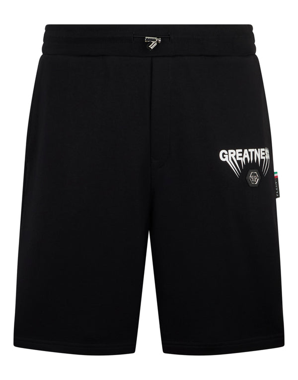 Philipp Plein Fleece Shorts Greatness 全黑左腿GREATNE$$印花六角徽章運動短褲 男款正面
