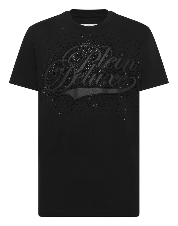 Philipp Plein T-Shirt Plein Deluxe Stones 黑底黑鑽草書密集水鑽同色系圓領T恤 男款正面