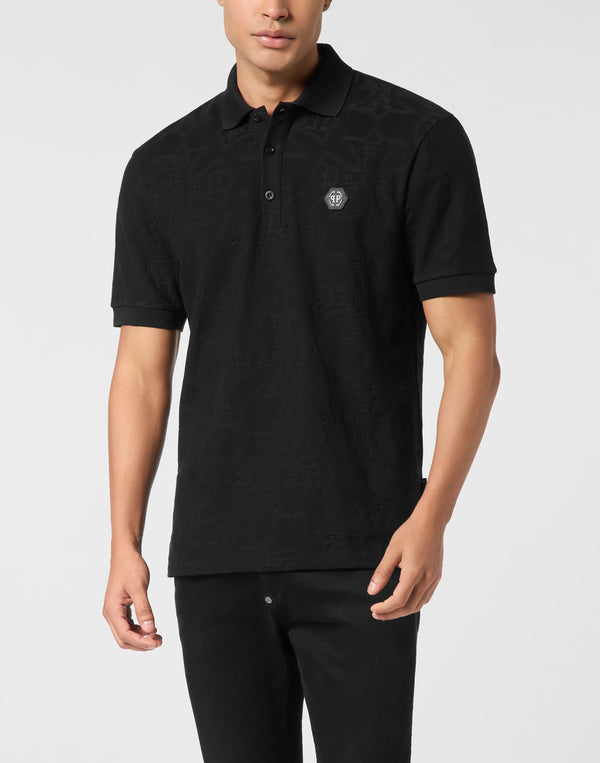 Philipp Plein Polo T-Shirt Jacquard Crest 全黑提花翻領三釦六角PP徽章Polo衫 男款正面