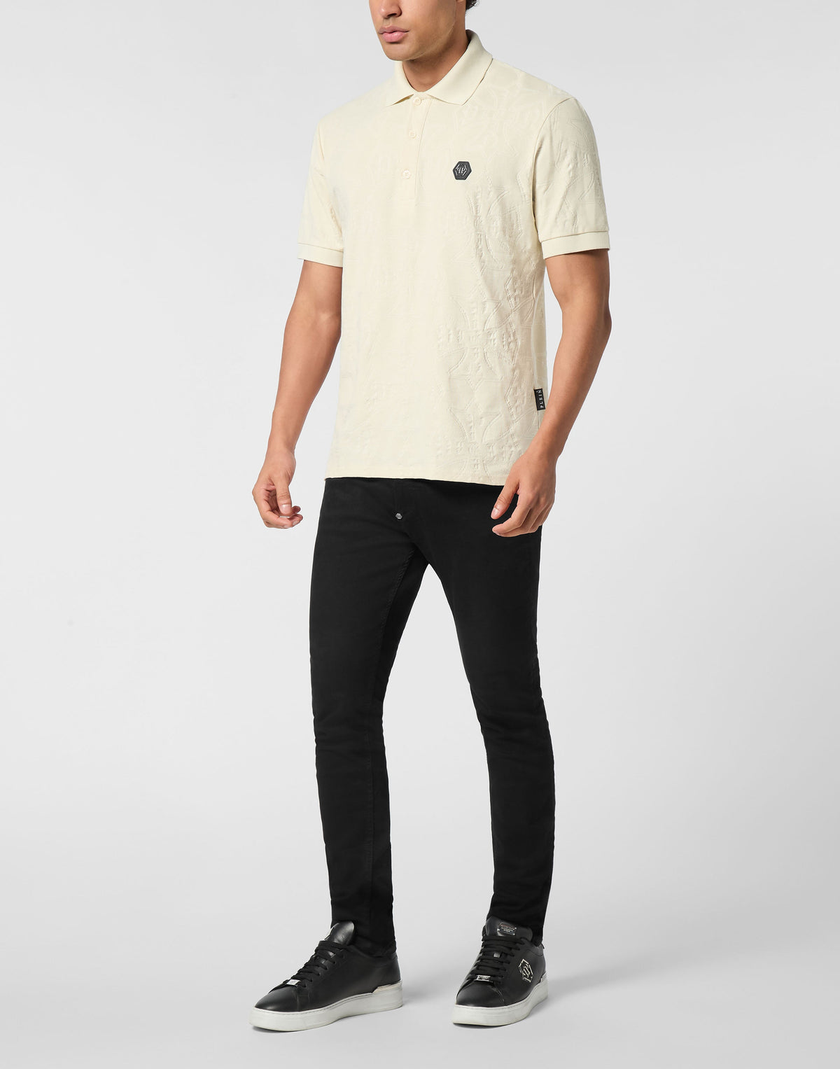 Philipp Plein Polo T-Shirt Jacquard Crest 男款米白Polo衫穿搭示範 189cm L號
