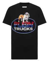 Philipp Plein T-Shirt Bulldog Crystal 黑色鬥牛犬紅藍白水鑽PLEIN橢圓徽章TRUCKS圓領T恤 男款正面