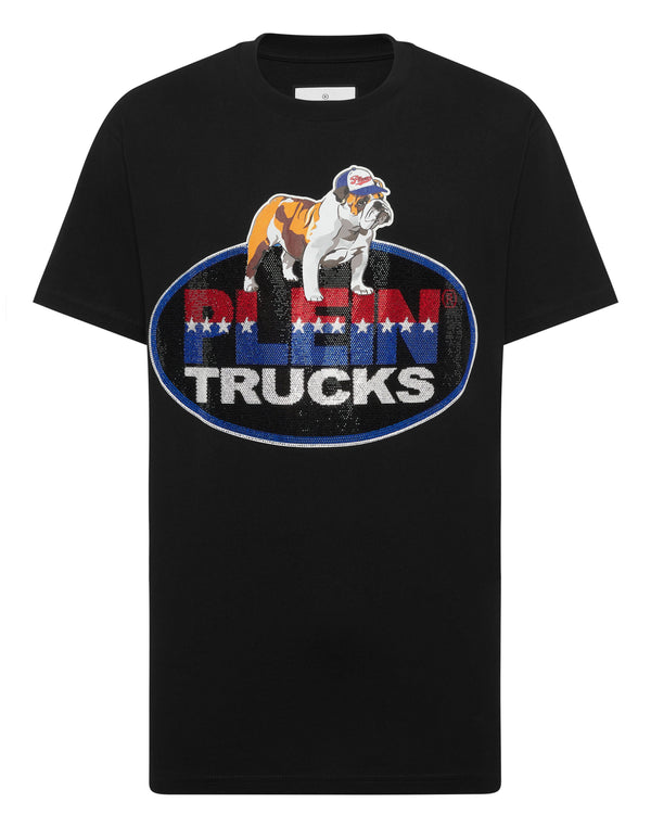Philipp Plein T-Shirt Bulldog Crystal 黑色鬥牛犬紅藍白水鑽PLEIN橢圓徽章TRUCKS圓領T恤 男款正面