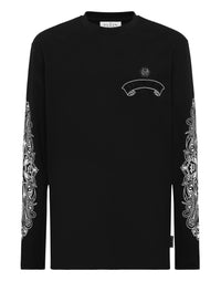 Philipp Plein Long Sleeve T-Shirt Chrome Crest 黑色雙袖白色巴洛克花紋長袖圓領T恤 男款正面