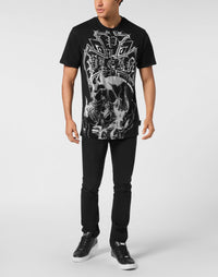 Philipp Plein Chrome Crest Skull 男款黑色水鑽骷髏T恤穿搭示範 189cm L號