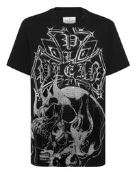 Philipp Plein T-Shirt Chrome Crest Skull 黑色超大銀色水鑽哥德骷髏滿版圓領T恤 男款正面