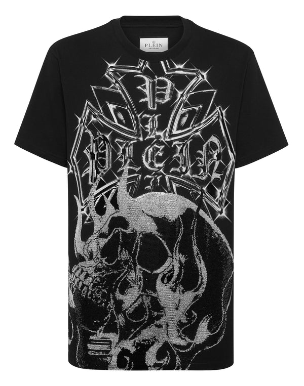 Philipp Plein T-Shirt Chrome Crest Skull 黑色超大銀色水鑽哥德骷髏滿版圓領T恤 男款正面
