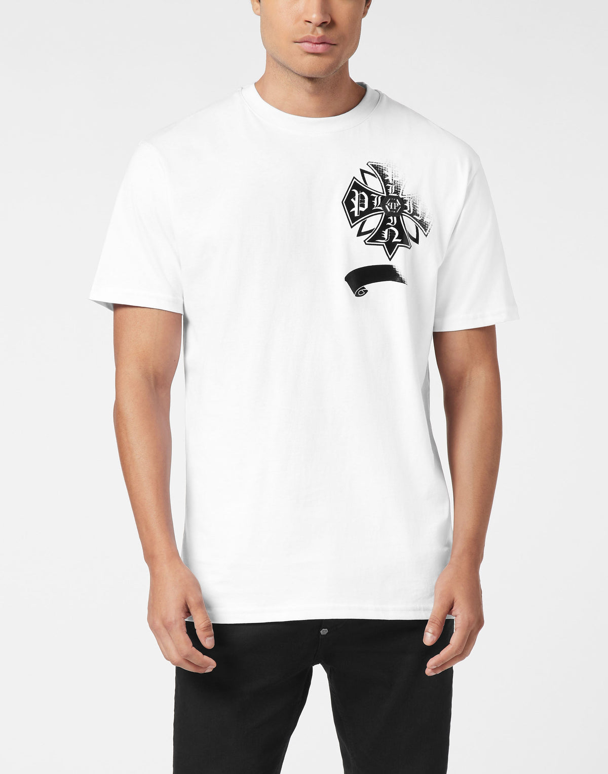 Philipp Plein Washed T-Shirt Destroyed Crest 白色水洗哥德十字架骷髏緞帶蝴蝶結圓領T恤 男款正面