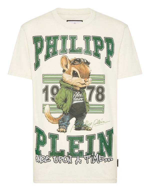 Philipp Plein T-Shirt College Squirrel Stones 米白美式學院松鼠水鑽圓領T恤 男款正面