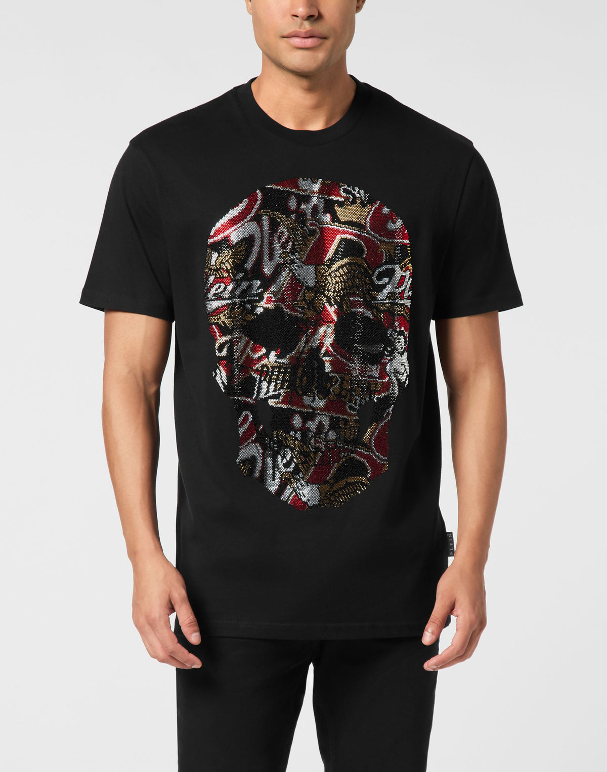 Philipp Plein T-Shirt Skull Stones 黑色大型多色水鑽馬賽克骷髏圓領T恤 男款正面