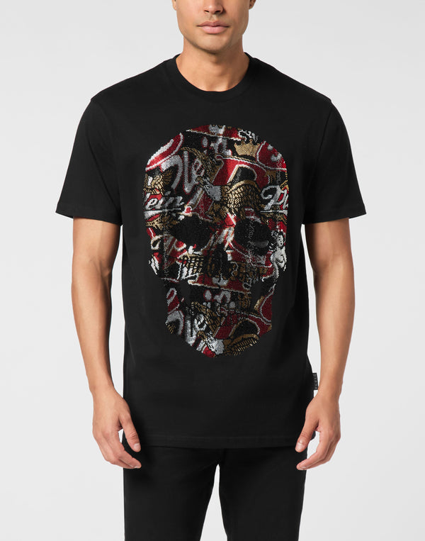 Philipp Plein T-Shirt Skull Stones 黑色大型多色水鑽馬賽克骷髏圓領T恤 男款正面