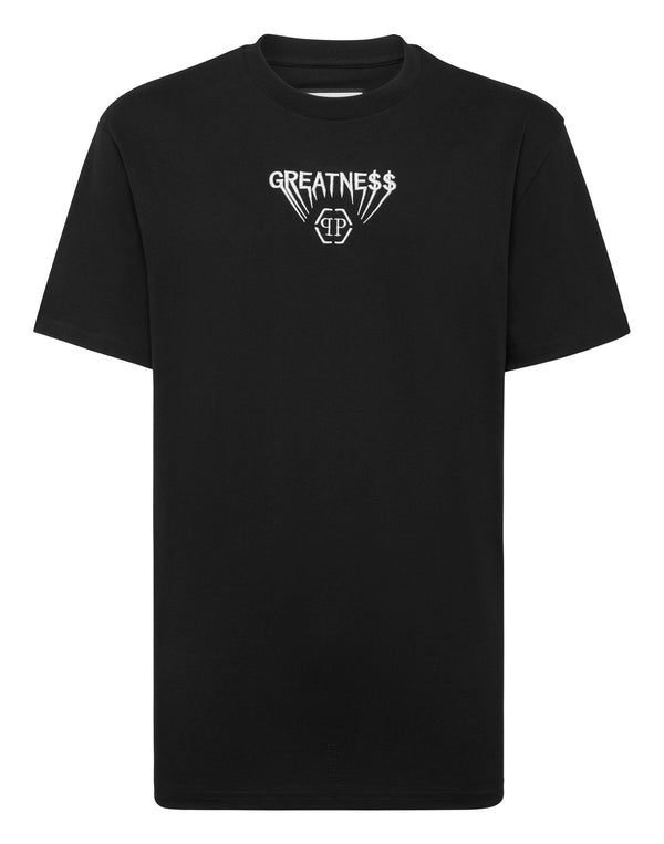 Philipp Plein Round Neck T-Shirt Greatness 全黑置中GREATNE$$刺繡大型六角徽章圓領T恤 男款正面