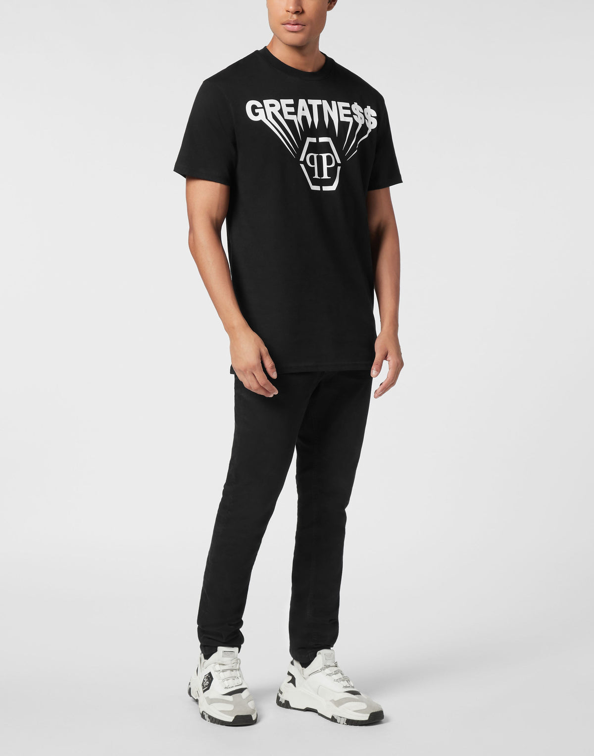 Philipp Plein Printed T-Shirt Greatness 男款黑色超大印花T恤穿搭示範 189cm L號
