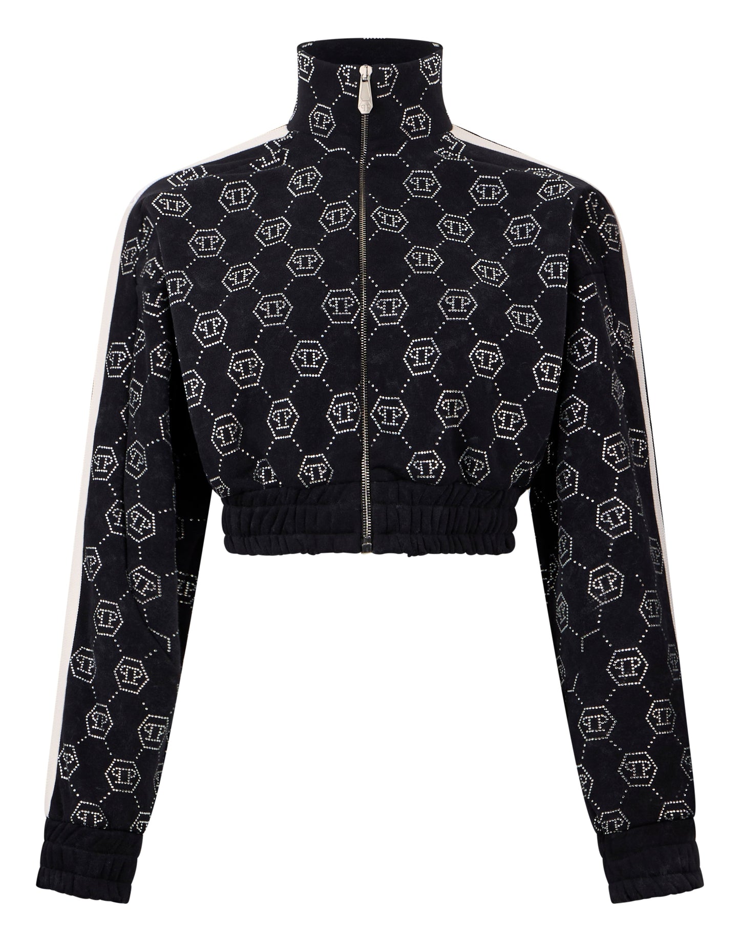 Philipp Plein Fleece Tracksuit Jacket Monogram Crystal 黑色水鑽滿版短版運動外套 女款正面