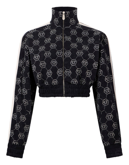 Philipp Plein Fleece Tracksuit Jacket Monogram Crystal 黑色水鑽滿版短版運動外套 女款正面
