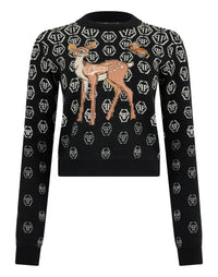 Philipp Plein Pullover Fairy Embroidery Monogram 黑色滿版六角暗紋大型小鹿刺繡短版針織衫 女款正面