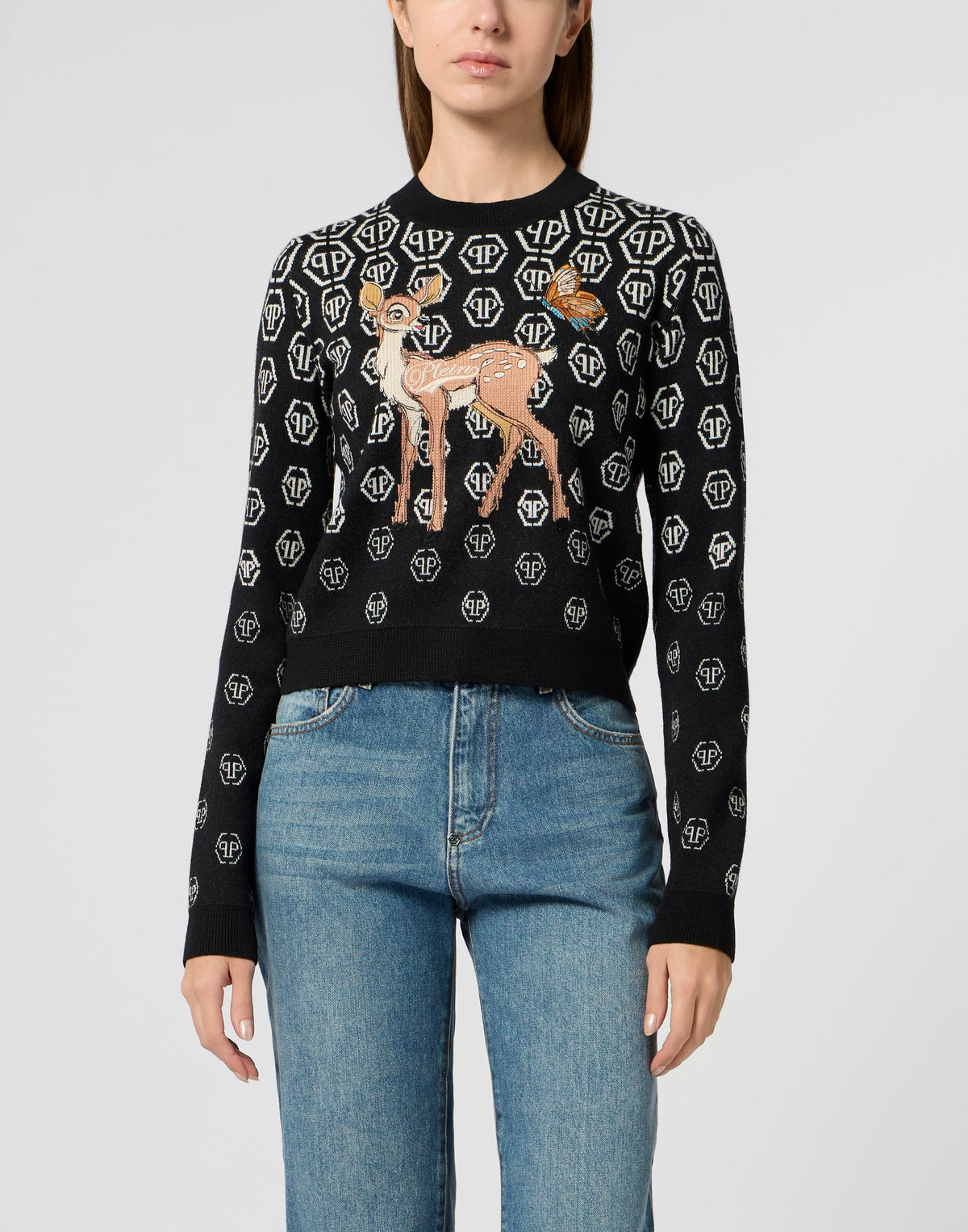 Philipp Plein Pullover Fairy Embroidery Monogram 黑色滿版六角暗紋大型小鹿刺繡短版針織衫 女款正面