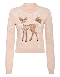 Philipp Plein Pullover Fairy Embroidery Monogram 粉色米白六角暗紋小鹿刺繡短版針織衫 女款正面