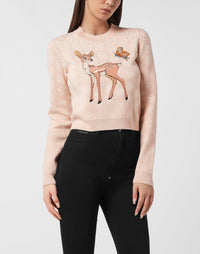 Philipp Plein Pullover Fairy Embroidery Monogram 粉色米白六角暗紋小鹿刺繡短版針織衫 女款正面