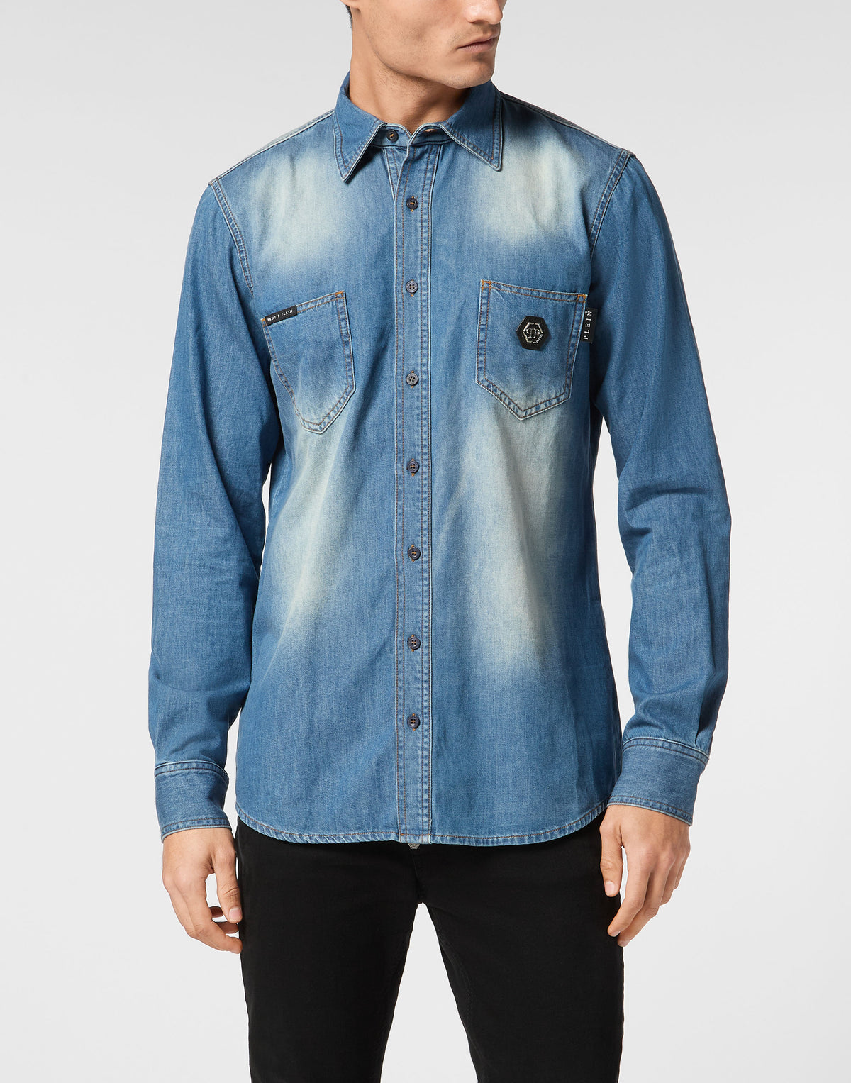 Philipp Plein｜Denim Shirt Long-Sleeve Skull&Bones 男款丹寧襯衫
