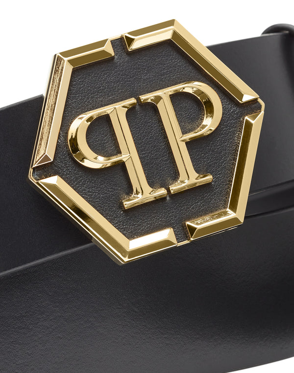 Philipp Plein｜Leather Belt Hexagon black/light gold 皮帶