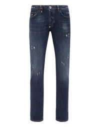 PHILIPP PLEIN Denim Trousers Super Straight Cut Fit Deep Ocean